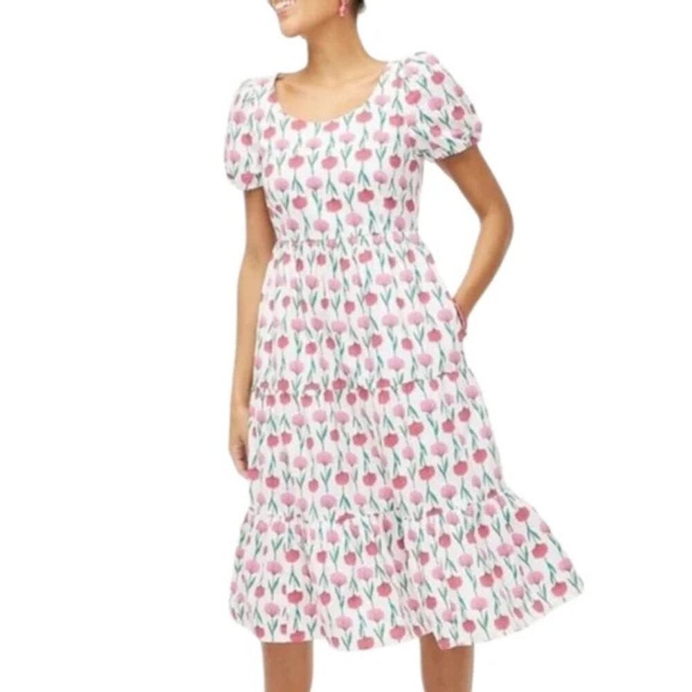 J Crew Pink Floral Puff Sleeve Tiered Maxi Dress Sz 8 Cottagecore Preppy Spring